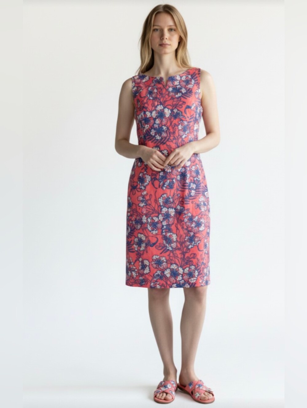 TALBOTS! MELON PINK, BLUE, WHITE FLORAL TEXTURED COTTON STRETCH POCKET DRESS! 12
